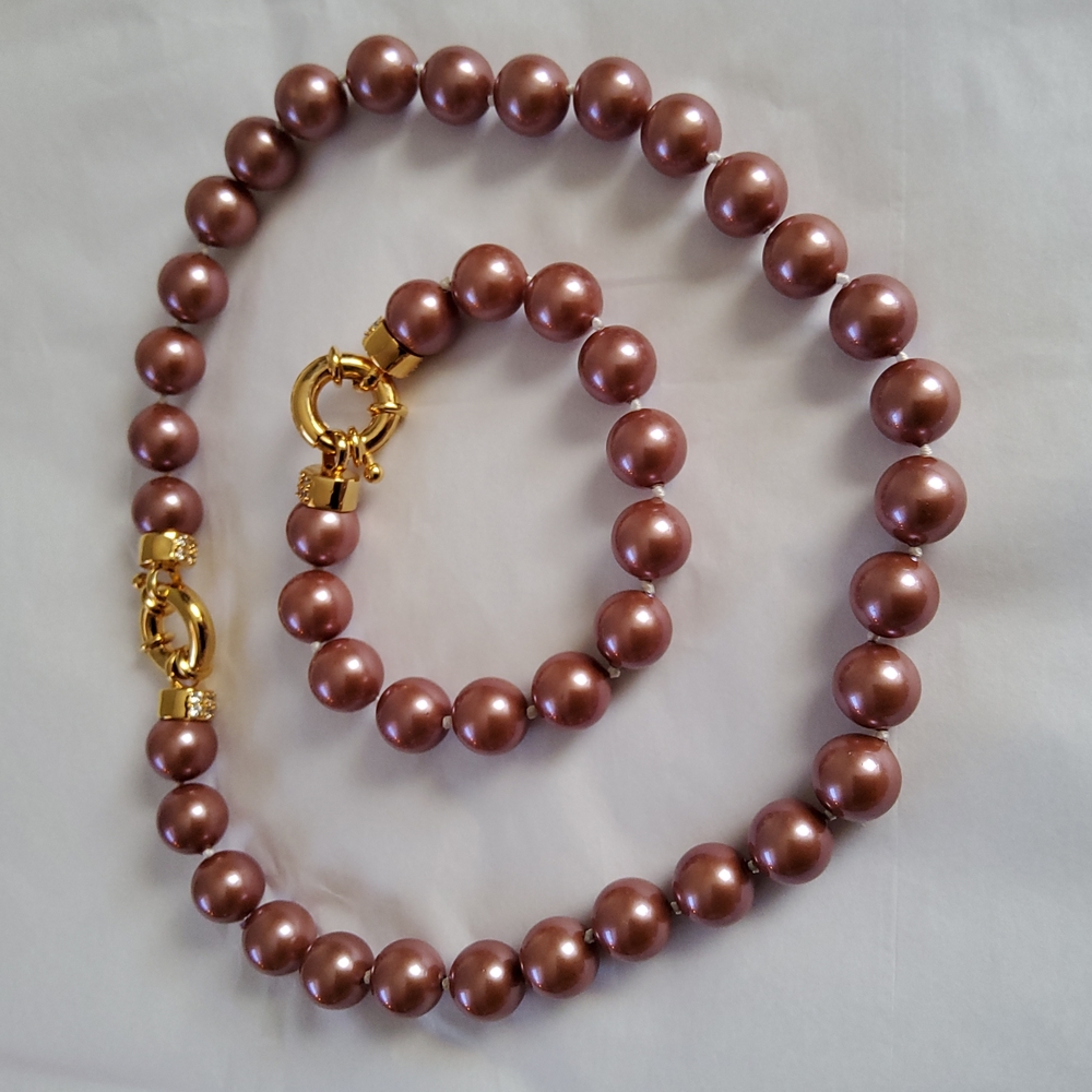MSN CZ Faux Pearl Necklace Bracelet Set